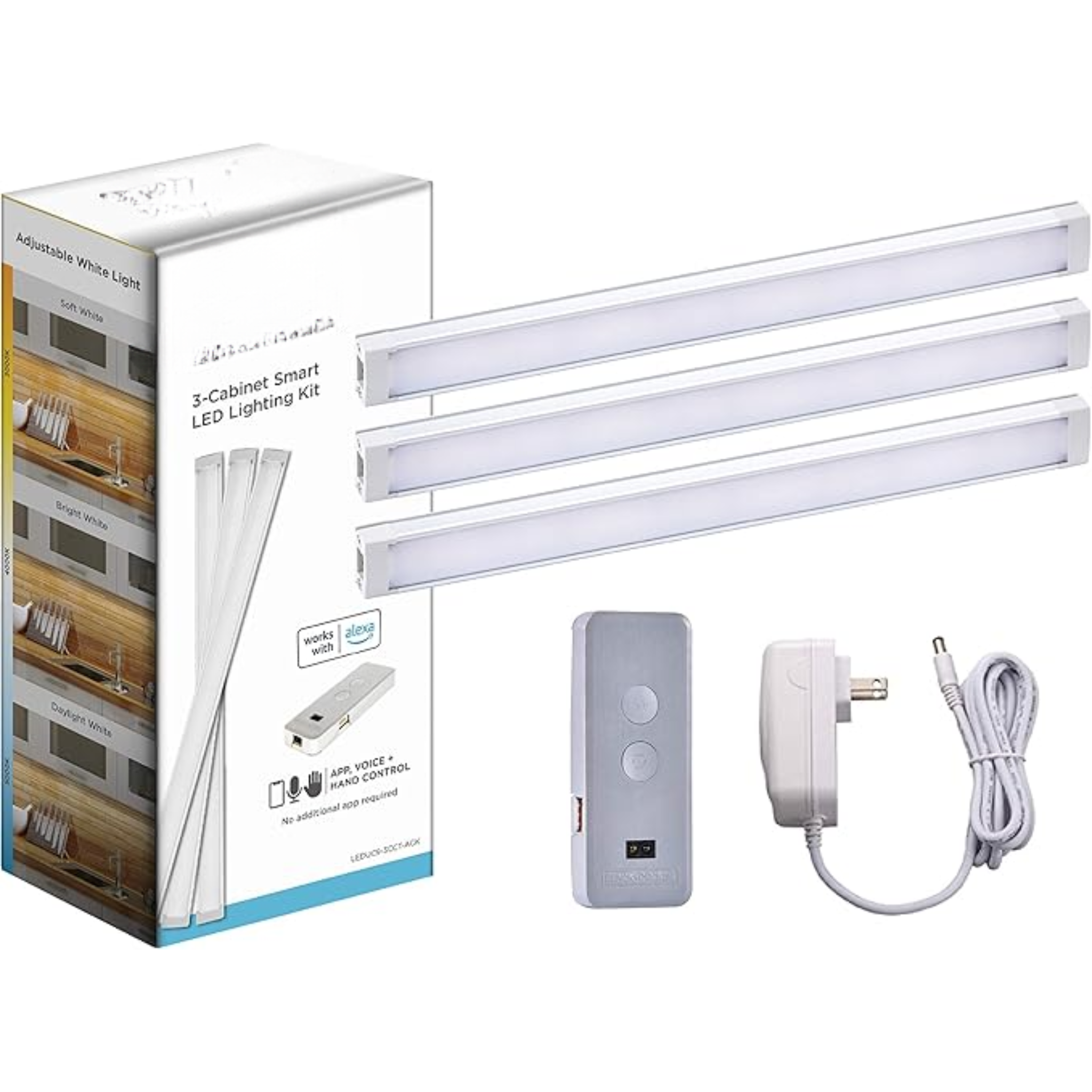 Kit d’Éclairage Intérieur Connecté Compatible Alexa – Barres LED 9" Ajustables Sous Meuble (x3), Variation de Lumière, Commande Vocale, Certifié “A Certified for Humans” (LEDUC9-3CCT-ACK)