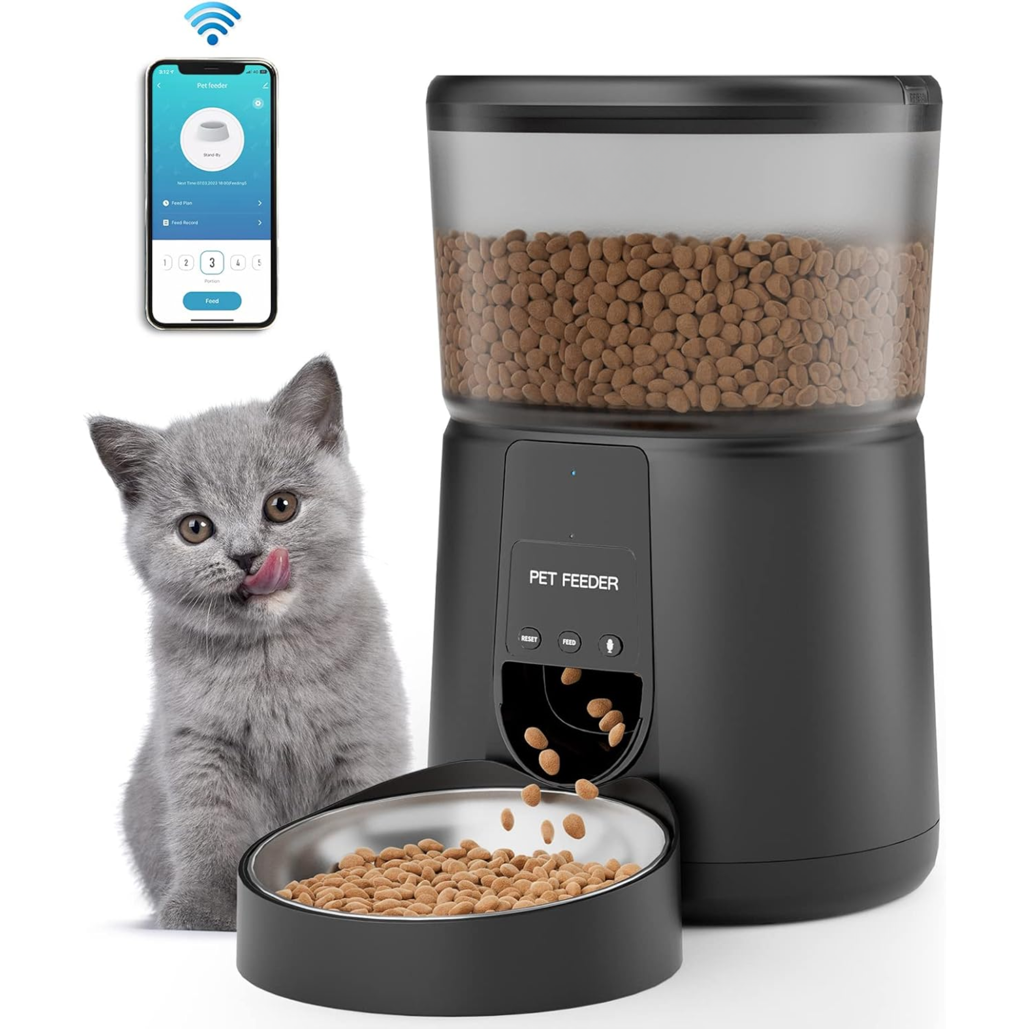 Distributeur Automatique de Nourriture pour Chat et Chien – 4L, Contrôle via Application Wi-Fi, Enregistrement Vocal 10s, 1 à 10 Repas par Jour – Noir