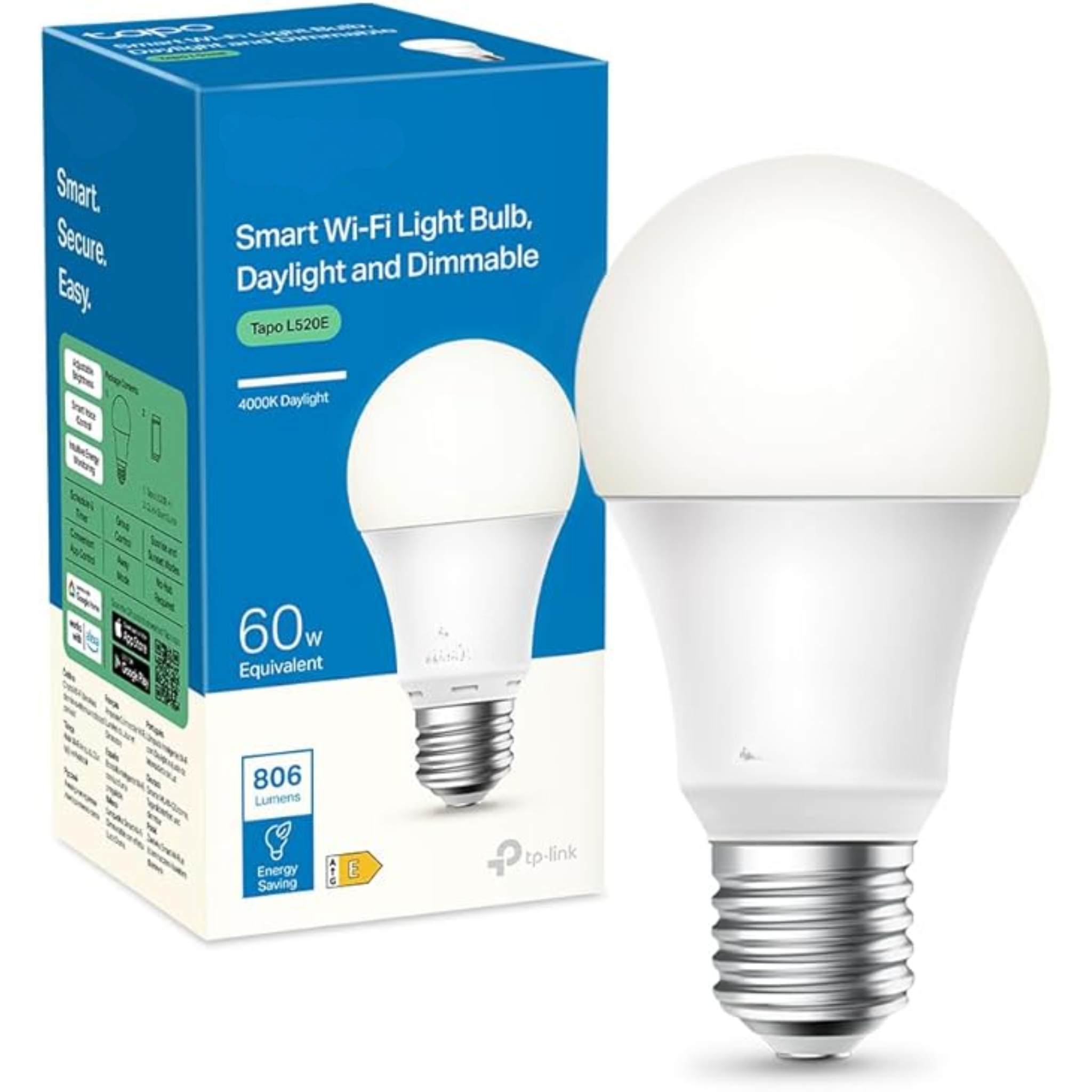 Ampoule Connectée WiFi LED E27 – Blanc 4000K, Dimmable 8W (806Lm), Économie d’Énergie, Contrôle Vocal, Programmation à Distance, Compatible Alexa & Google Home, Sans Hub (L520E)