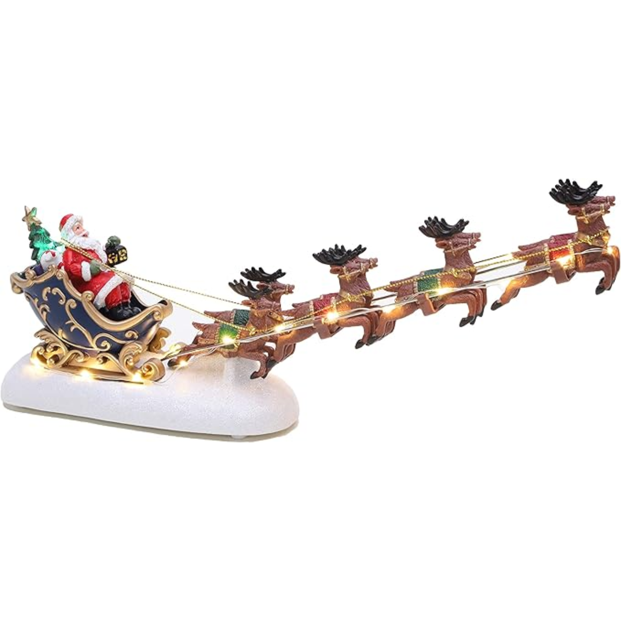 Décoration LED Traîneau du Père Noël & Rennes Volantes 34cm, Base Neige Pailletée, Décor Traditionnel de Noël, Fonctionne à Piles