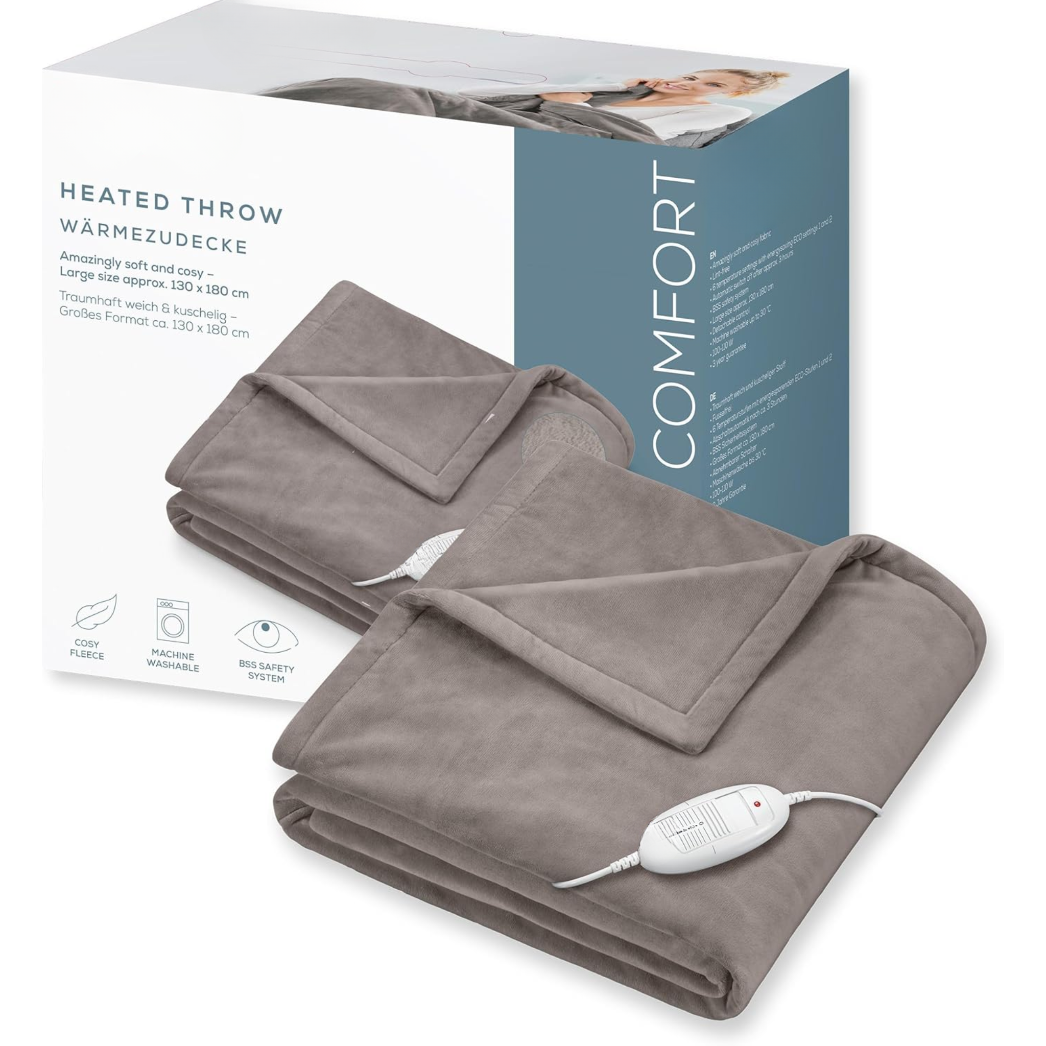 Couverture Chauffante Confortable – Plaid Électrique en Fausse Fourrure, 6 Niveaux de Chauffe, Lavable en Machine, Arrêt Automatique, Taupe