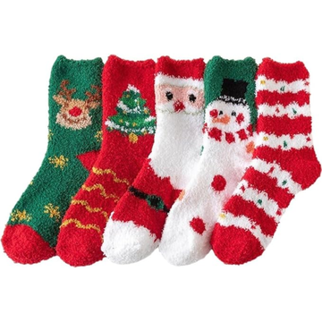 Lot de 5 Chaussettes de Noël Douces & Chaudes, Fleece Corail Hiver pour Femmes & Adolescentes, Motifs Bonhomme de Neige & Sapin, Idéal pour Cadeaux et Bas de Noël