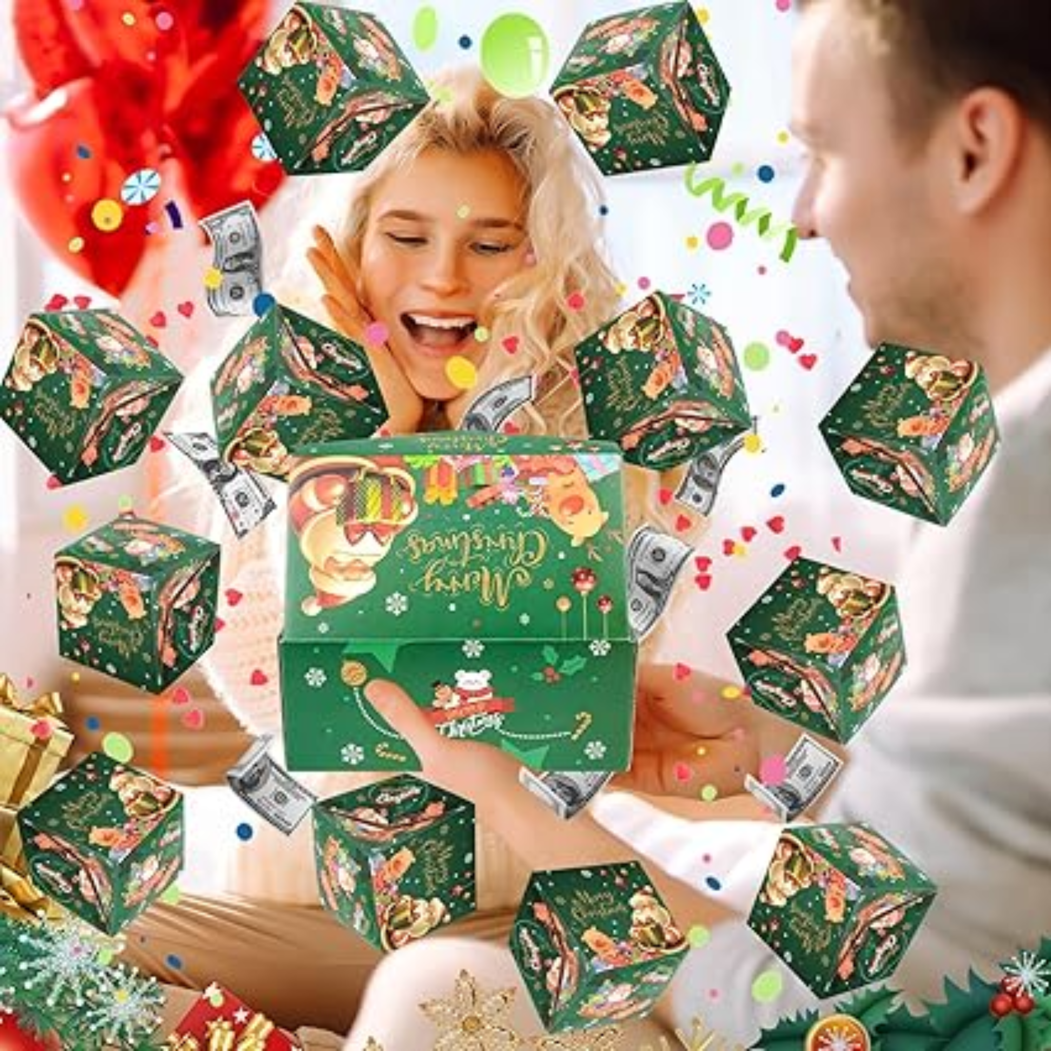 Boîte Cadeau Explosion Surprise Noël, Coffret Pop-Up DIY avec Photos, Enveloppes Sautantes, Stickers & Accessoires, Coffret Souvenir Personnalisable (12 Pièces)