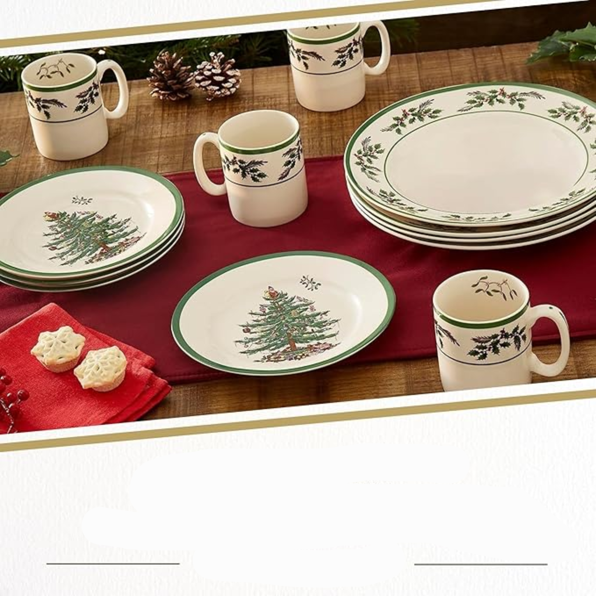 Service de Table Noël 12 Pièces, Motif Sapin & Houx, Pour 4 Personnes, Assiettes & Tasses en Faïence Fine, Compatible Micro-ondes & Lave-Vaisselle