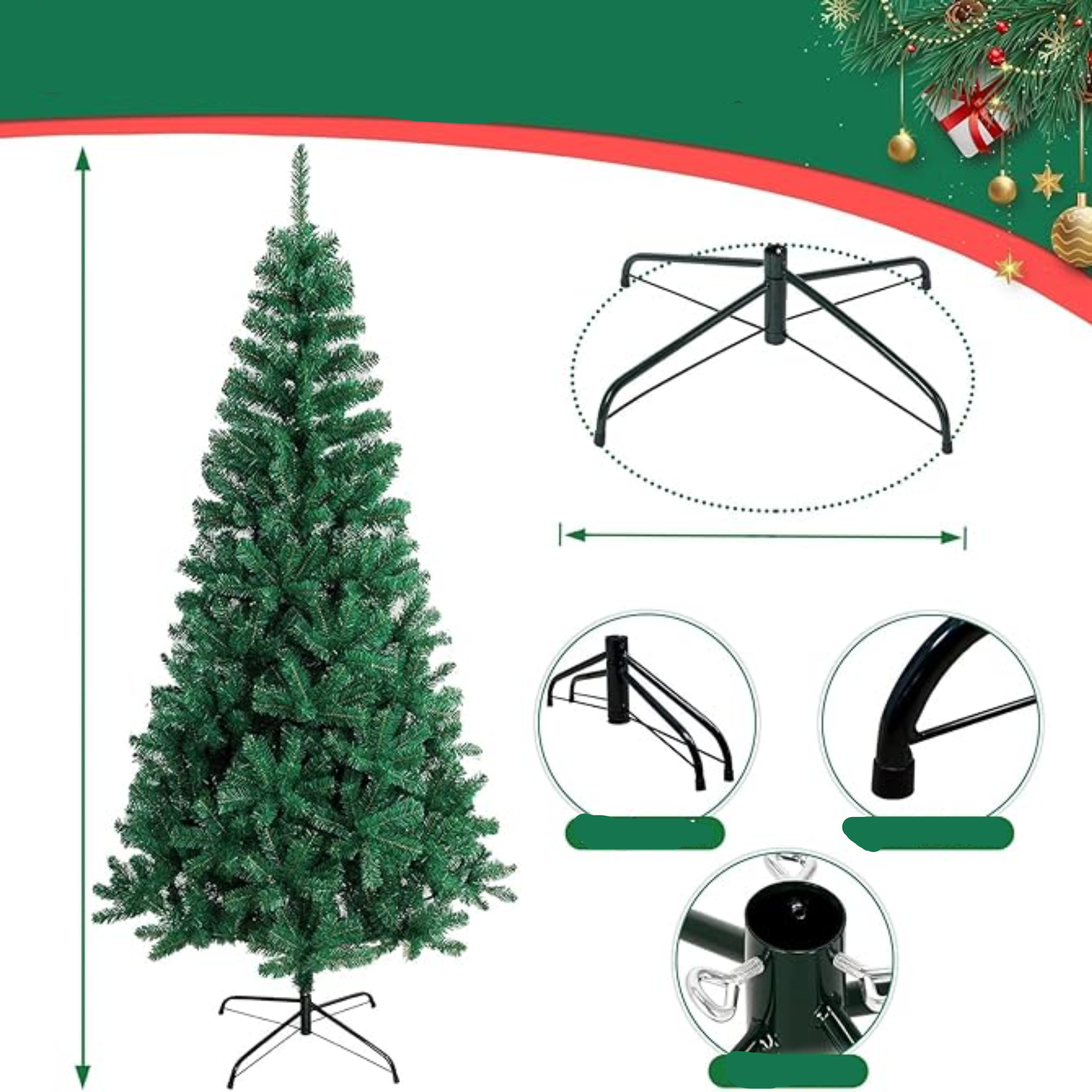 Sapin de Noël Artificiel 120 cm, 300 Branches, PVC Feuilles de Pin avec Pied Métallique, Réutilisable, Décoration Festive Sécurisée