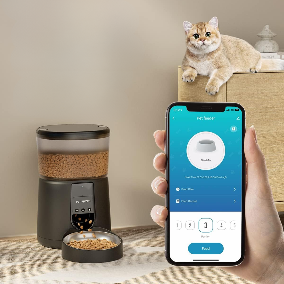 Distributeur Automatique de Nourriture pour Chat et Chien – 4L, Contrôle via Application Wi-Fi, Enregistrement Vocal 10s, 1 à 10 Repas par Jour – Noir
