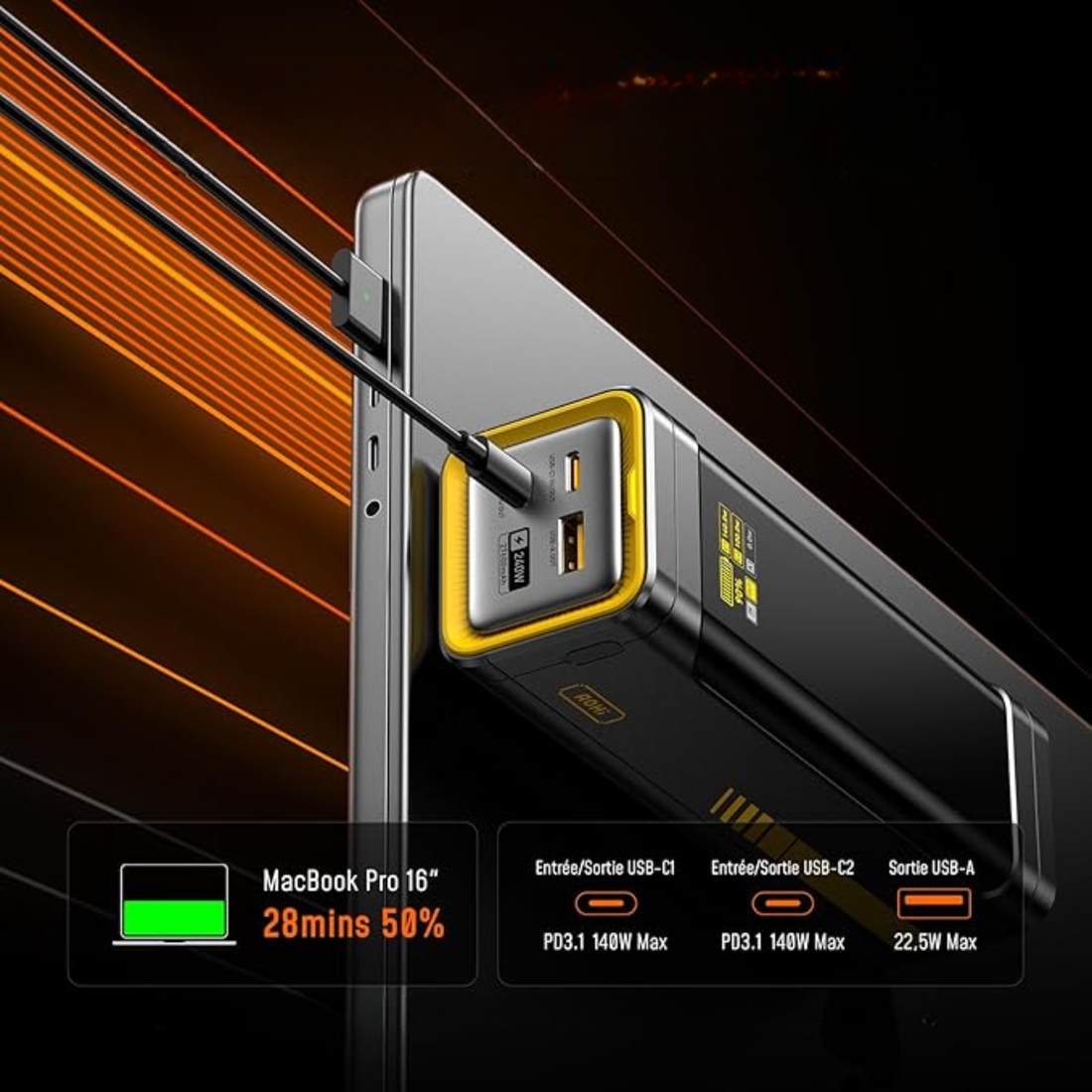 Batterie Externe Future Starship 27600mAh – Power Bank 240W, 3 Ports, Dual USB-C PD 3.1 140W, USB-A, Charge Rapide pour Laptop, MacBook Pro/Air, iPad Pro, iPhone 17, Galaxy, Gris (Sans Marque)