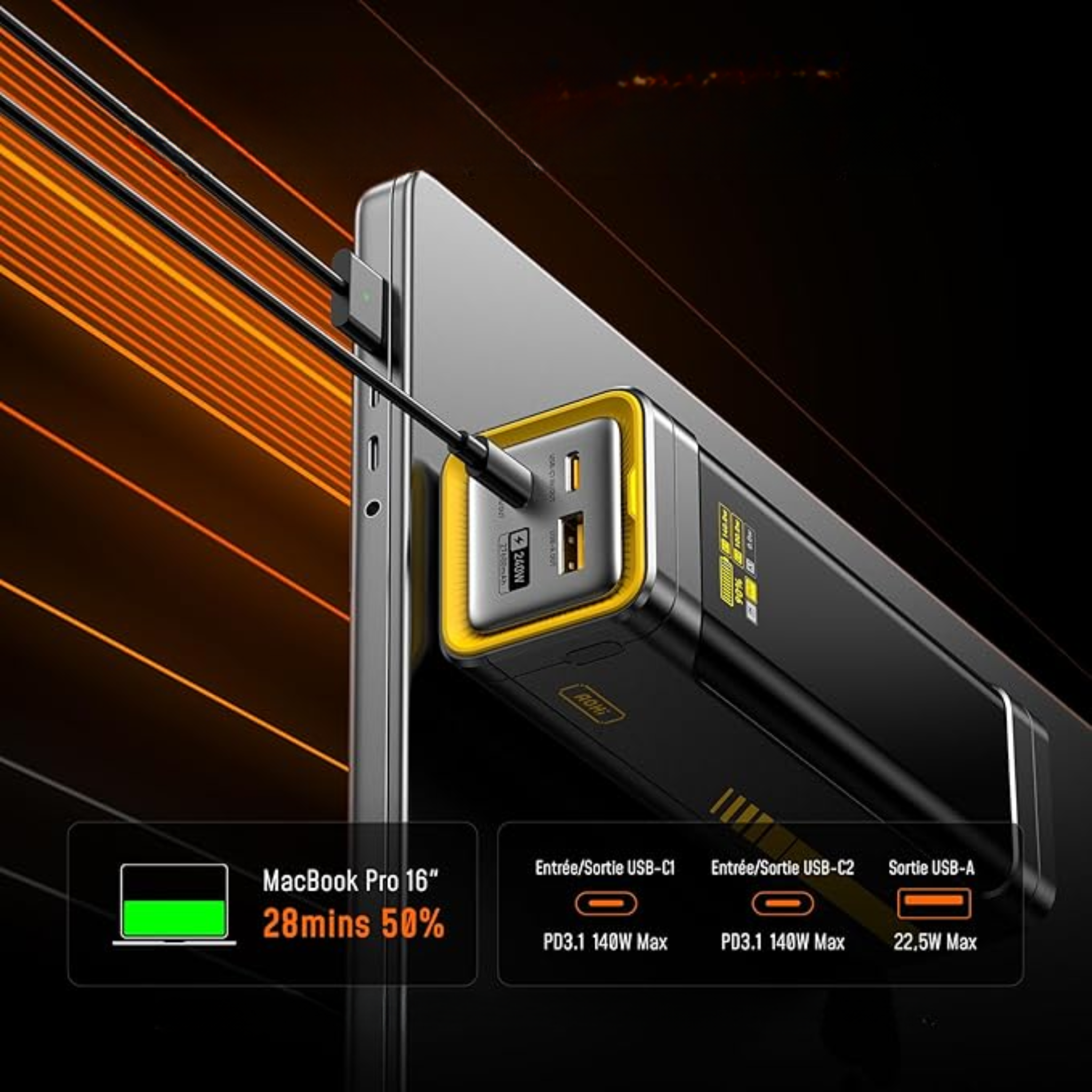 Batterie Externe Future Starship 27600mAh – Power Bank 240W, 3 Ports, Dual USB-C PD 3.1 140W, USB-A, Charge Rapide pour Laptop, MacBook Pro/Air, iPad Pro, iPhone 17, Galaxy, Gris (Sans Marque)