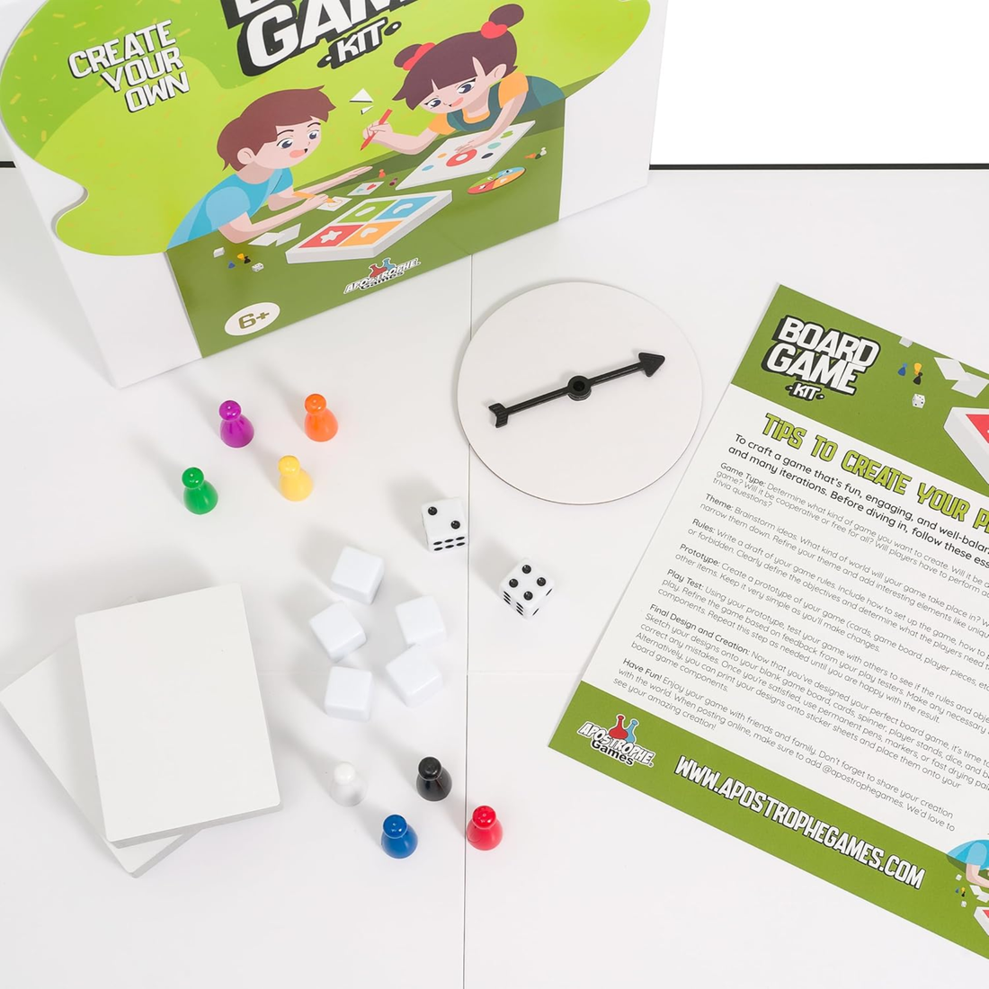 Kit Créez Votre Propre Jeu de Société – Plateau, Boîte et Accessoires Vides, Pièces de Jeu, Cartes Blanches, Dé et Roue
