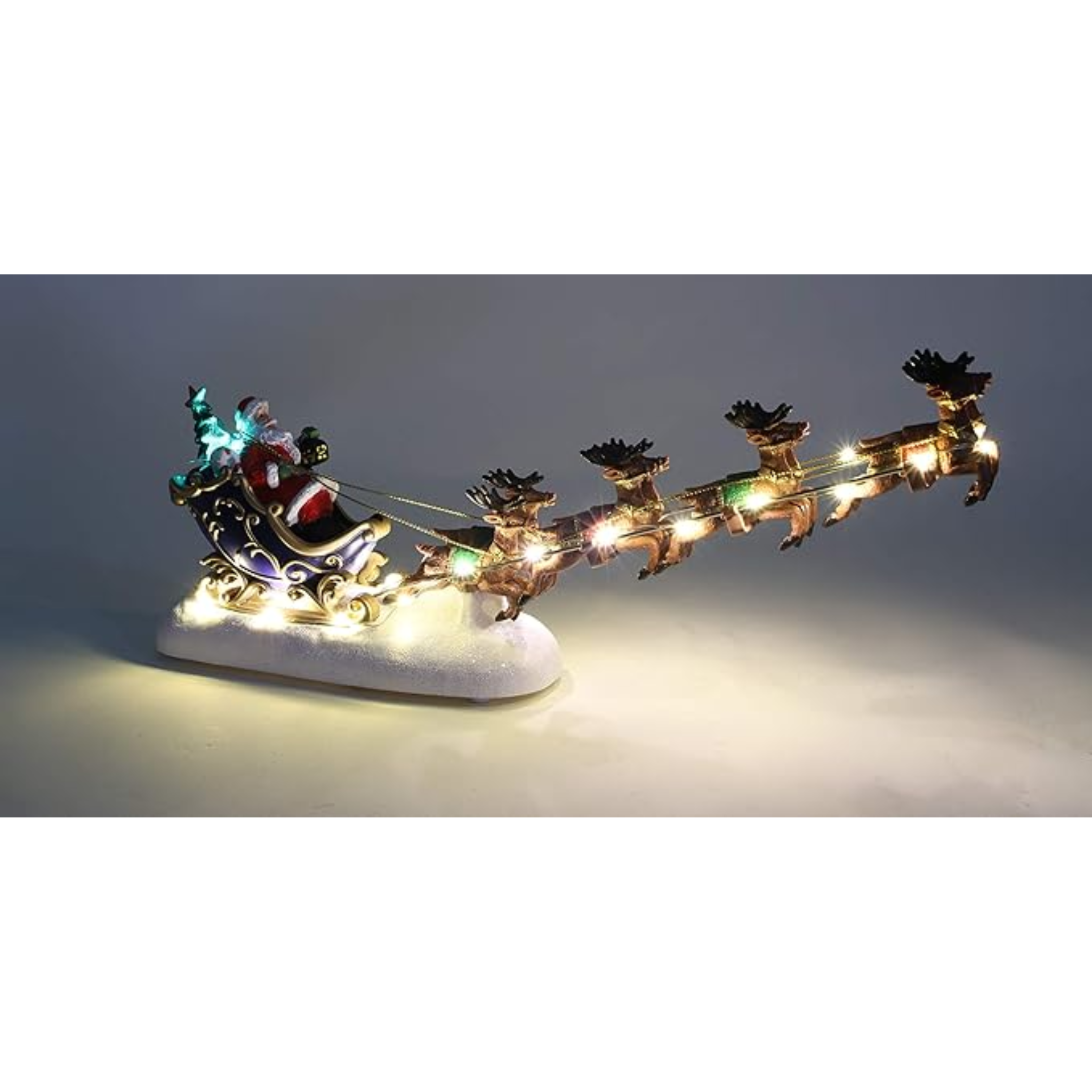 Décoration LED Traîneau du Père Noël & Rennes Volantes 34cm, Base Neige Pailletée, Décor Traditionnel de Noël, Fonctionne à Piles