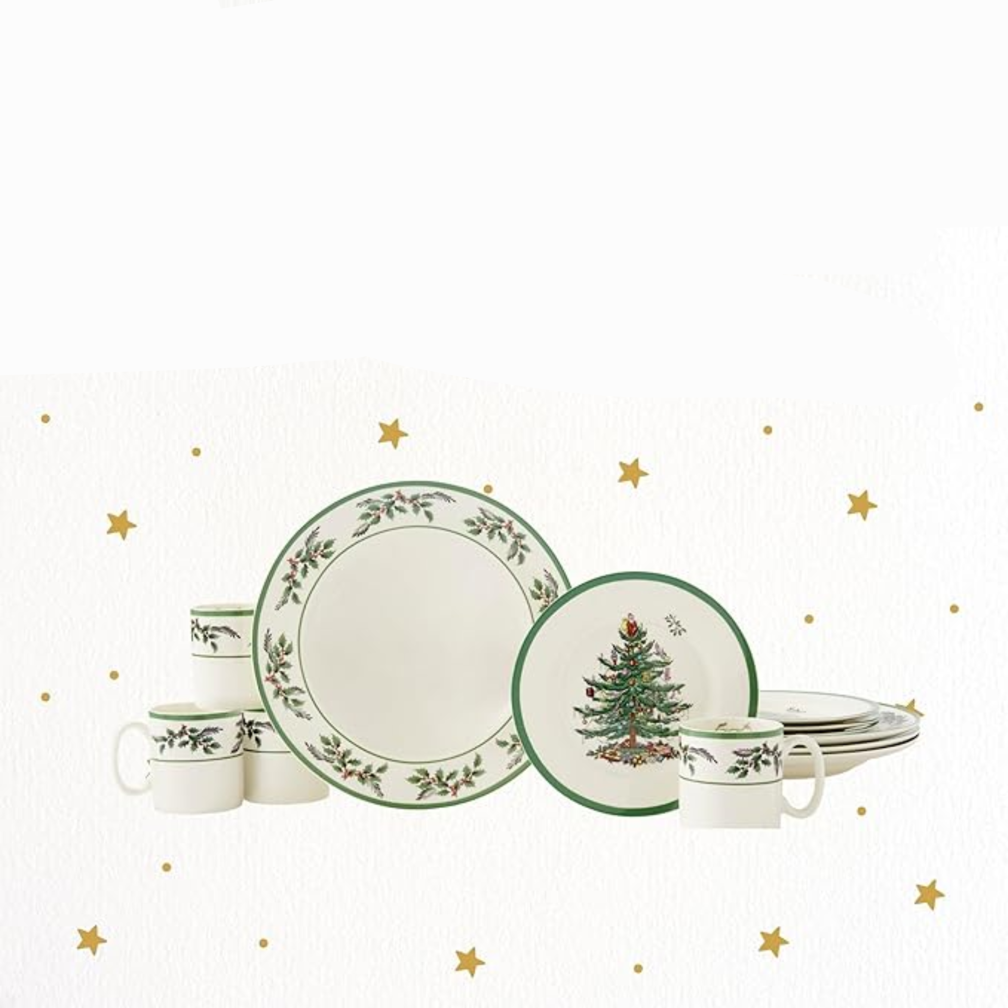 Service de Table Noël 12 Pièces, Motif Sapin & Houx, Pour 4 Personnes, Assiettes & Tasses en Faïence Fine, Compatible Micro-ondes & Lave-Vaisselle