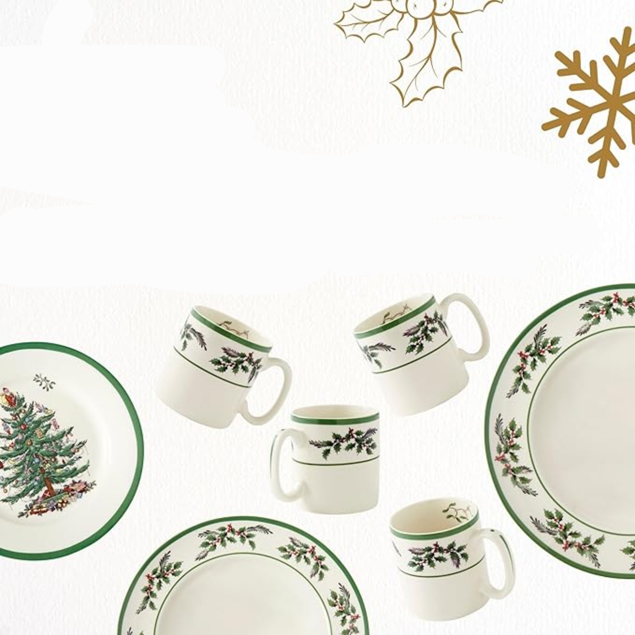 Service de Table Noël 12 Pièces, Motif Sapin & Houx, Pour 4 Personnes, Assiettes & Tasses en Faïence Fine, Compatible Micro-ondes & Lave-Vaisselle
