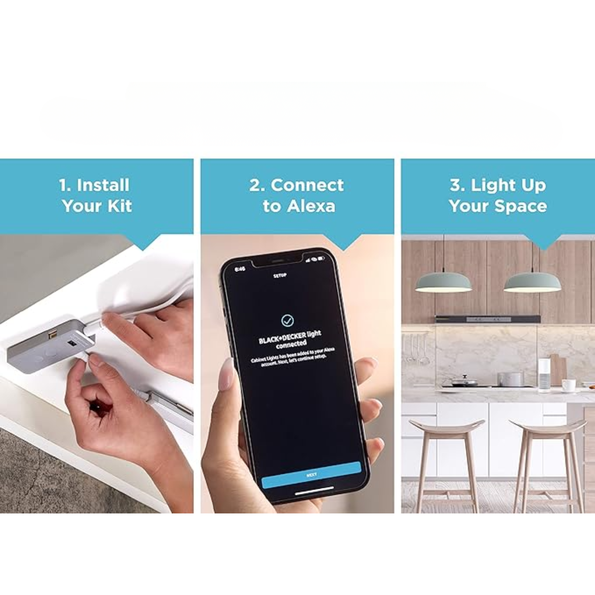 Kit d’Éclairage Intérieur Connecté Compatible Alexa – Barres LED 9" Ajustables Sous Meuble (x3), Variation de Lumière, Commande Vocale, Certifié “A Certified for Humans” (LEDUC9-3CCT-ACK)