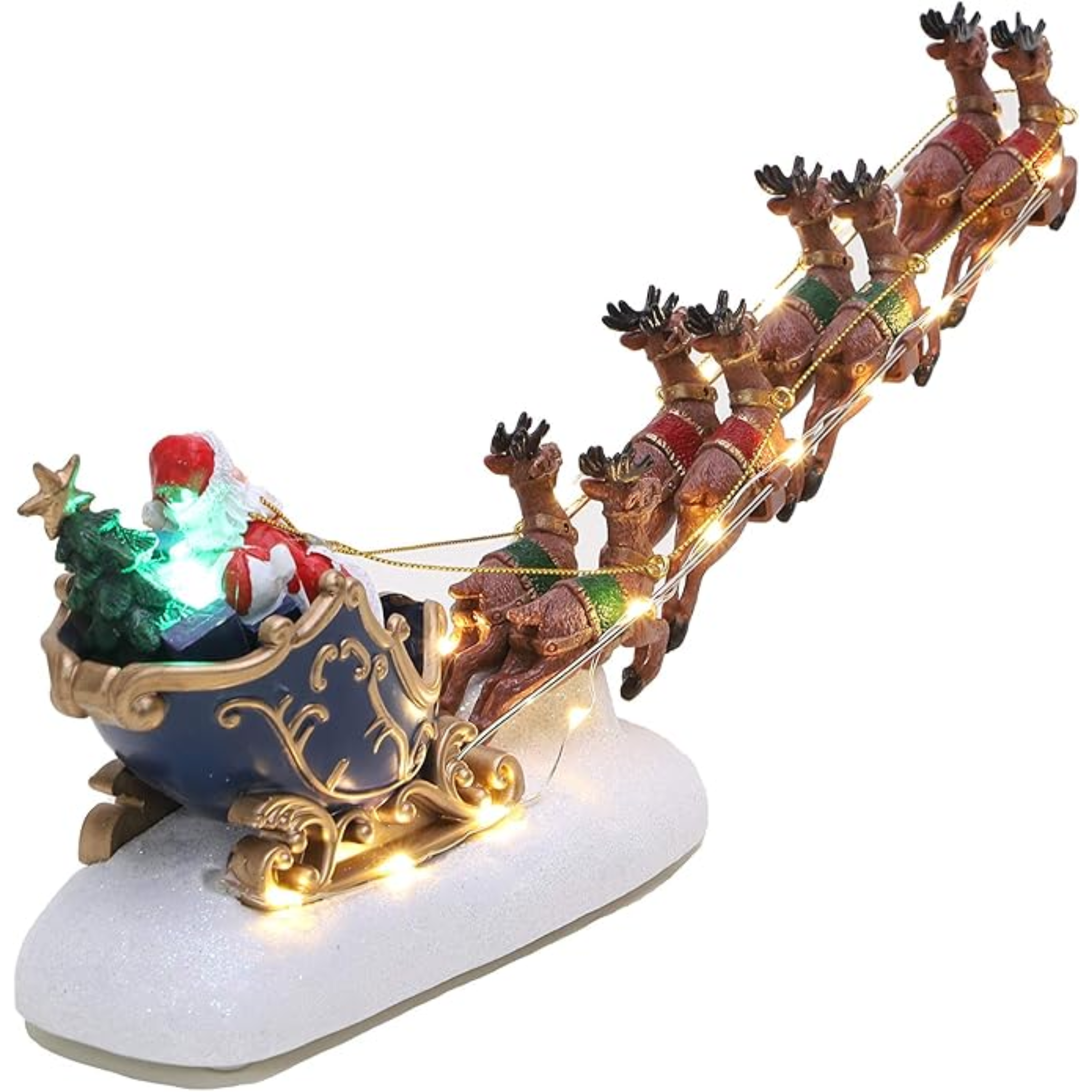 Décoration LED Traîneau du Père Noël & Rennes Volantes 34cm, Base Neige Pailletée, Décor Traditionnel de Noël, Fonctionne à Piles