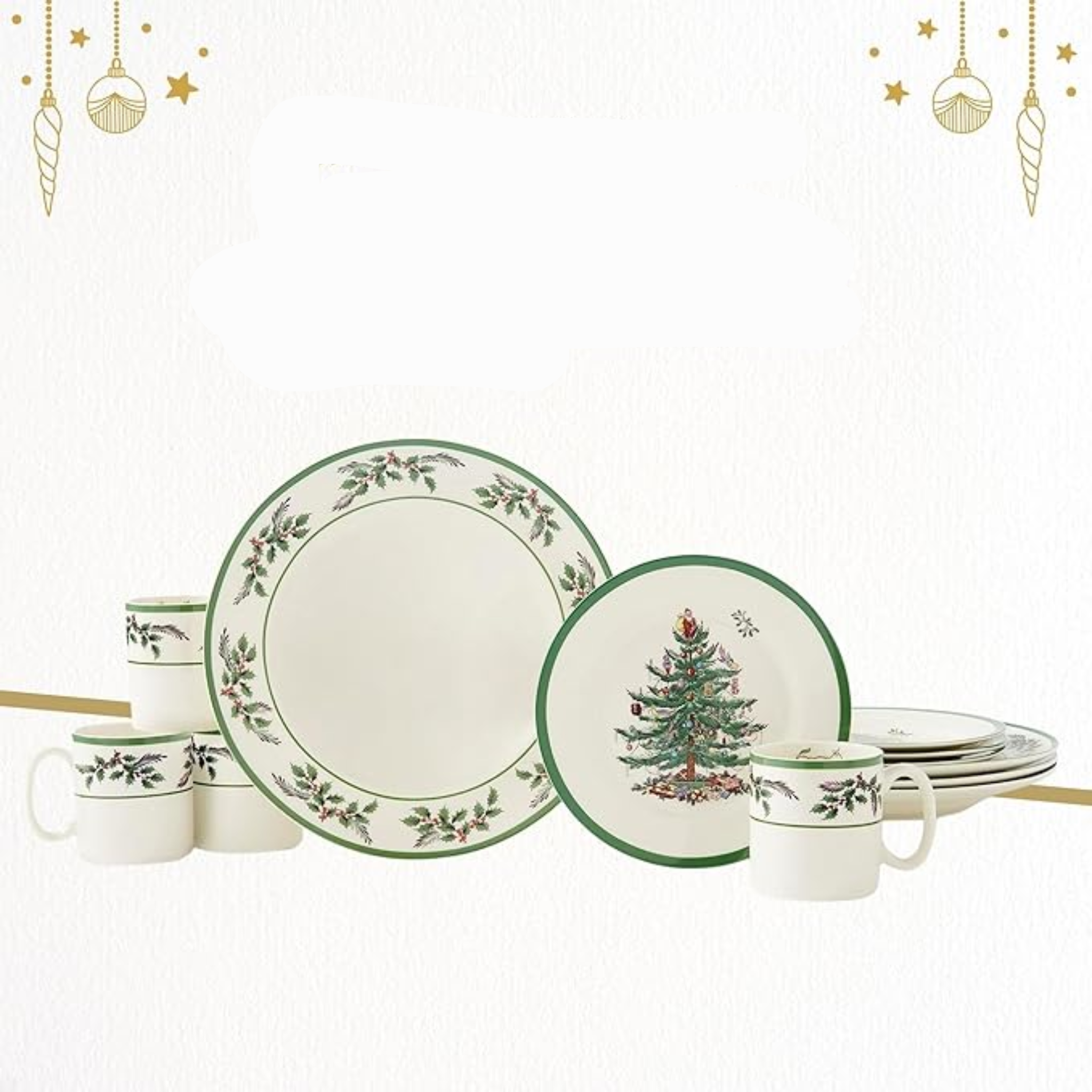 Service de Table Noël 12 Pièces, Motif Sapin & Houx, Pour 4 Personnes, Assiettes & Tasses en Faïence Fine, Compatible Micro-ondes & Lave-Vaisselle